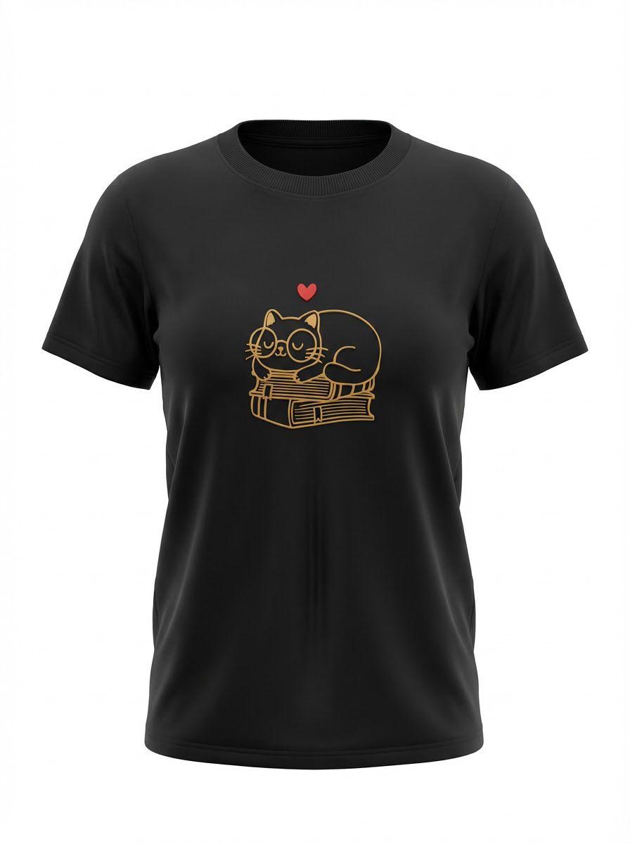 Large Women “Cat on books” T-Shirt – 100%  Cotton – Multiple Colors