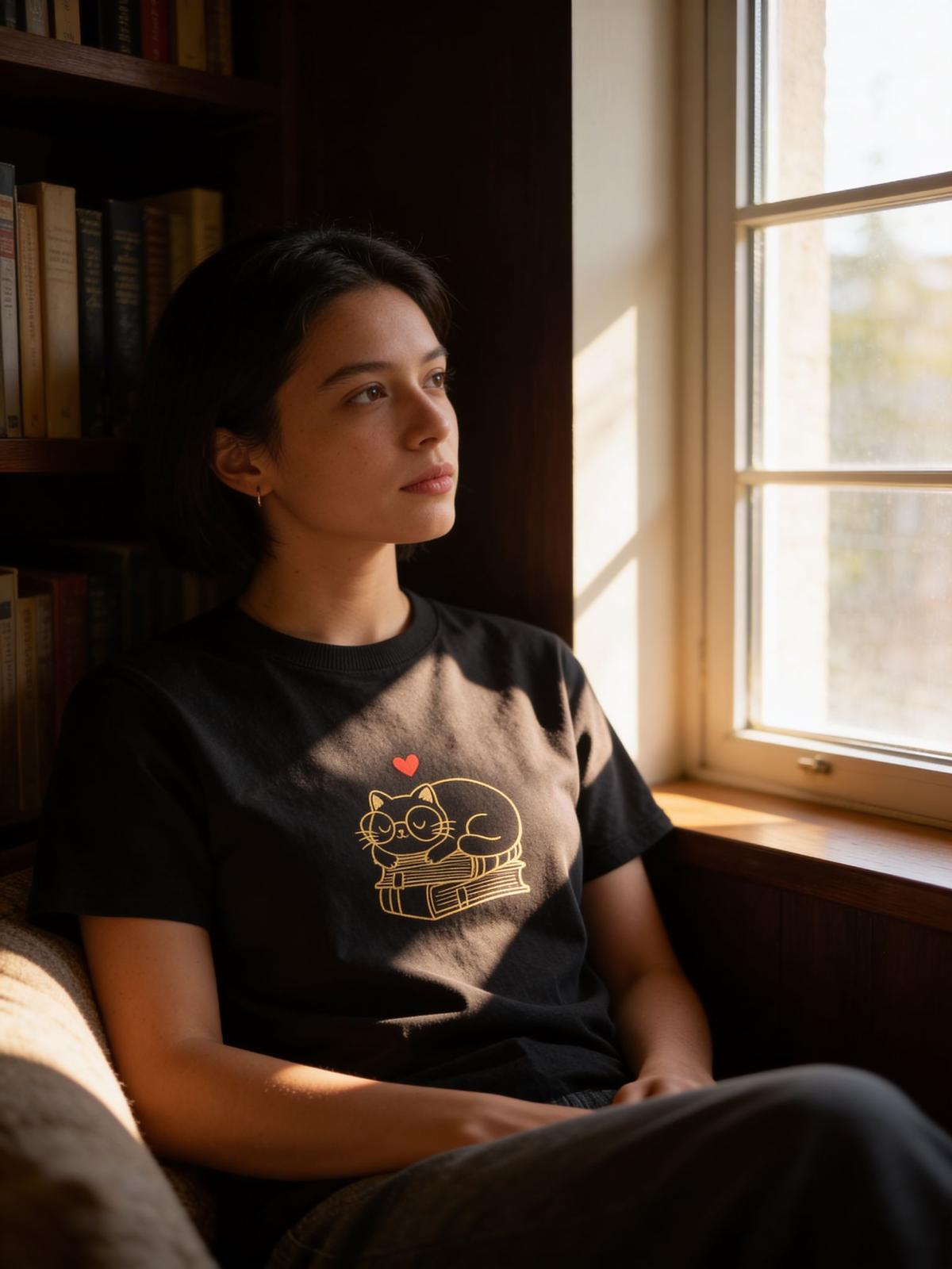 Large Women “Cat on books” T-Shirt – 100%  Cotton – Multiple Colors