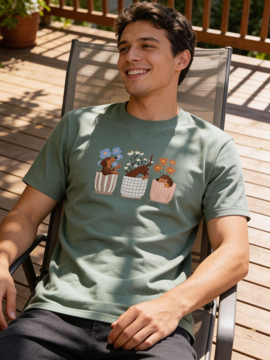 XL Unisex Dachshund in three cups T-Shirt 100% Premium Cotton  Multiple Colors