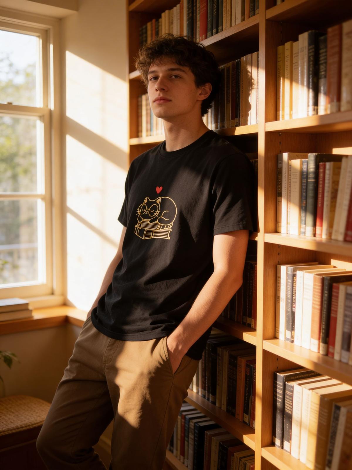 XL Unisex cat on books T-Shirt 100% Premium Cotton Multiple Colors